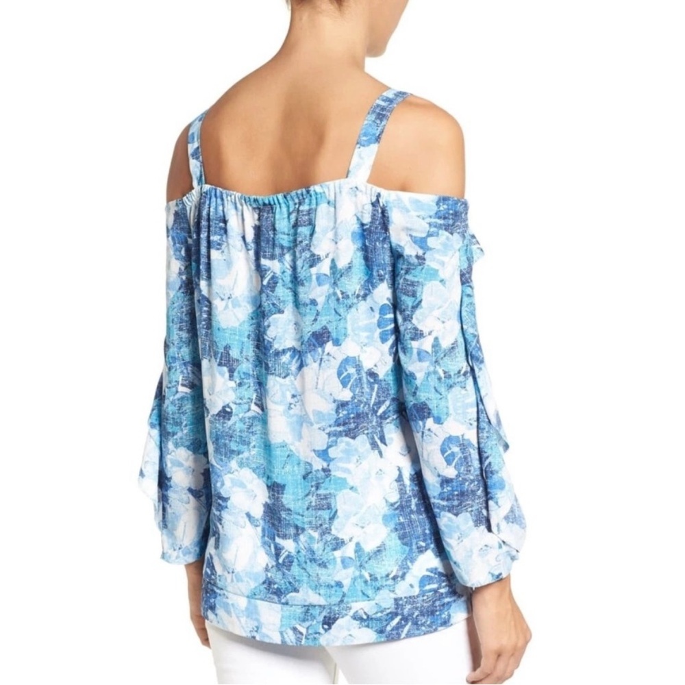 NYDJ Floral Cold Shoulder Top Blue White Ruffle Tunic Blouse Long Sleeve Women S - Picture 5 of 12